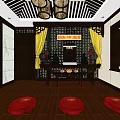 Traditional Chinese Religious Worship Space With Altar Yellow Curtains And Red Cushions