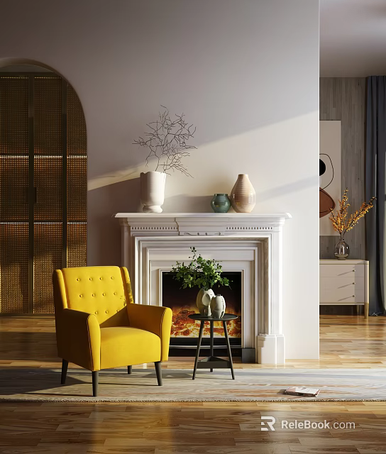 Sofa and Coffee Table Set with Yellow Armchair Fireplace White Mantel Vases and Green Plants 3d model 