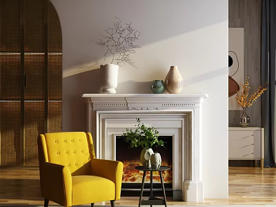 Sofa and Coffee Table Set with Yellow Armchair Fireplace White Mantel Vases and Green Plants 3d model