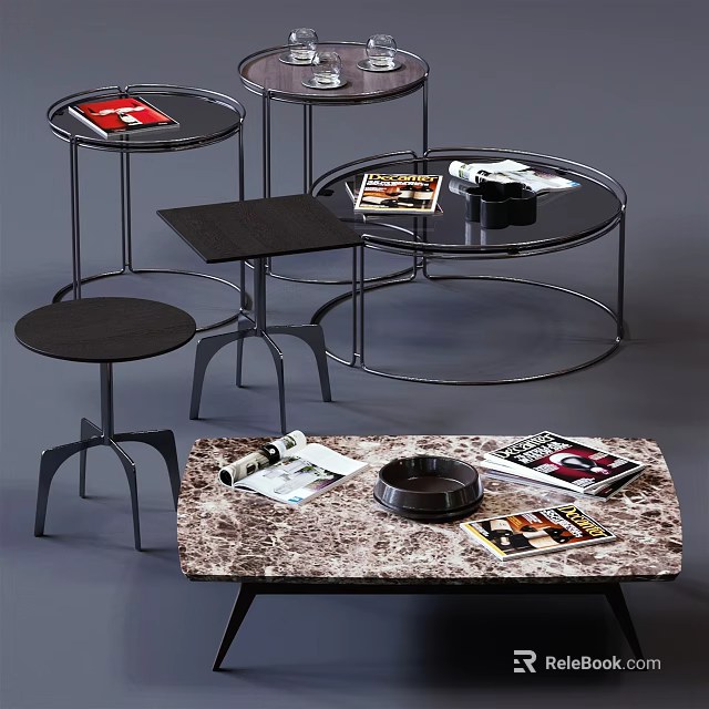 Stylish Modern Coffee Tables Featuring Marble Tops Metal Frames And Decorative Magazines 3d model 