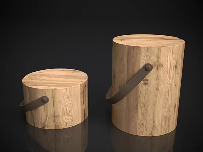 Natural Wood Round Stools With Black Leather Handles Two Sizes Small And Large 3d model
