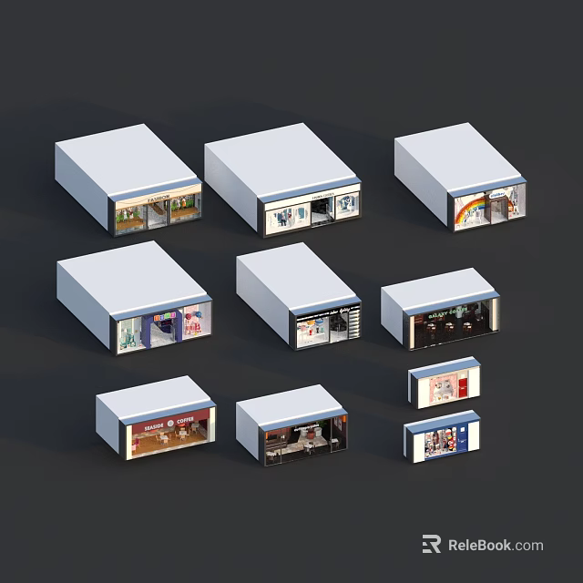 Various Window Display Designs With Different Advertisements And Product Showcases 3d model