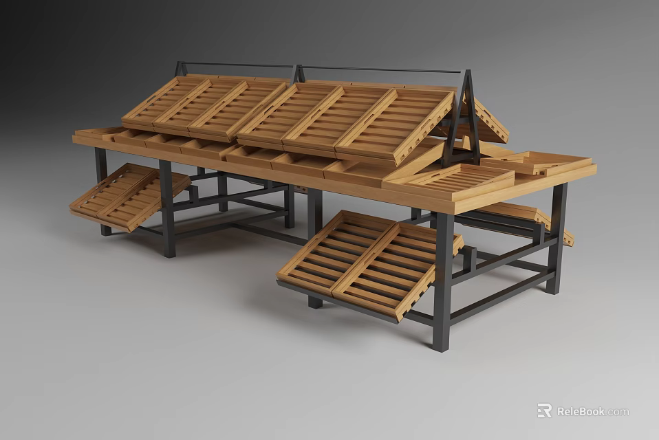 Wooden Storage Shelving With Metal Frame And Multi Tiered Display Design 3d model 