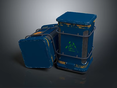 Blue Recycling Bins With Metal Frame And Green Recycle Symbol 3d model