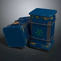 Blue Recycling Bins With Metal Frame And Green Recycle Symbol