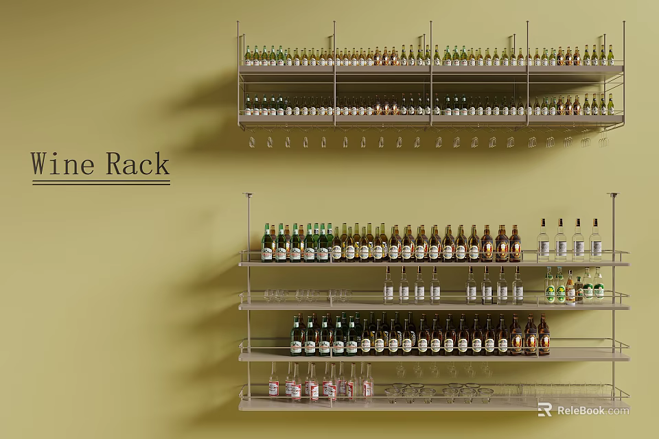 Wall Mounted Metal Wine Rack With Organized Multi Tiered Design And Various Wine Bottles 3d model 
