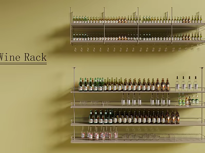 Wall Mounted Metal Wine Rack With Organized Multi Tiered Design And Various Wine Bottles 3d model