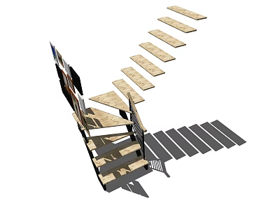 Modern Curved Wooden Staircase Design With Metal Railing And Shadow Effects 3d model