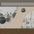 Forest Animal Themed Background Wall With Trees Bears Moon Globe And Arched Design 3d model