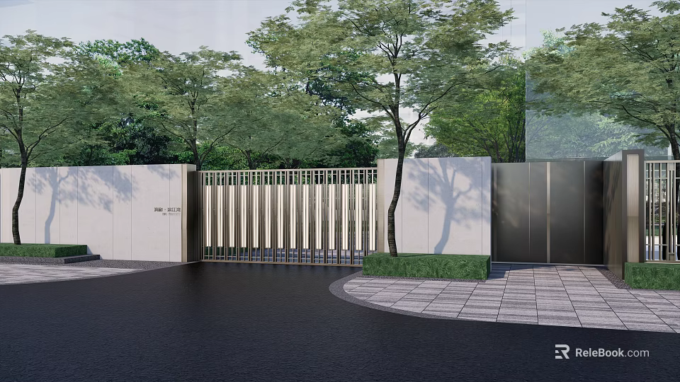 Modern Entrance Gate With Vertical Metal Slats Surrounded By Trees And Greenery 3d model 