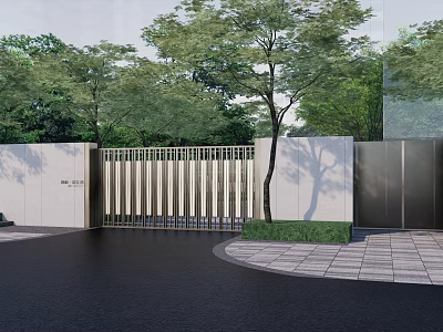 Modern Entrance Gate With Vertical Metal Slats Surrounded By Trees And Greenery 3d model