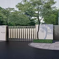 Modern Entrance Gate With Vertical Metal Slats Surrounded By Trees And Greenery