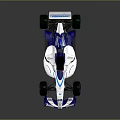 Blue and White Single Seater Racing Car With Sponsor Logos And Rear Wing