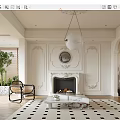 Elegant Living Room Interior Design With White Paneled Walls Fireplace Chandelier And Marble Coffee Table