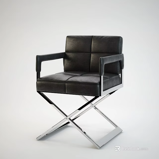 Modern Black Leather Armchair With Square Arms And Metal Cross Base 3d model 