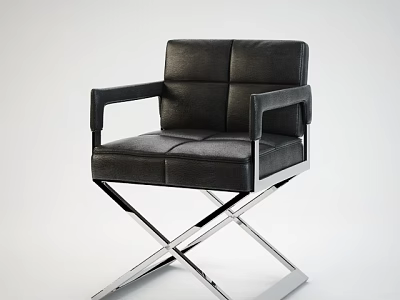 Modern Black Leather Armchair With Square Arms And Metal Cross Base 3d model
