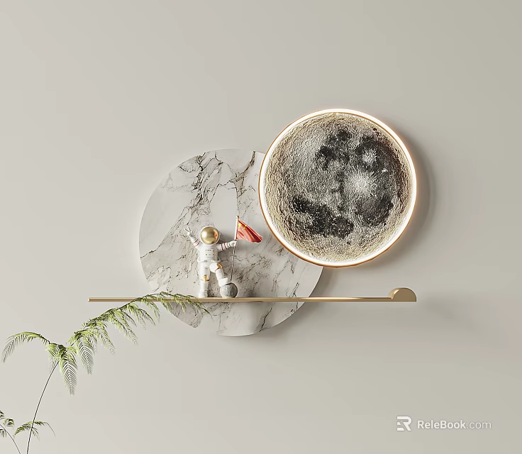 Modern Wall Decor With Round Marble Panel Moon Pattern And Metal Shelf Ornaments 3d model 