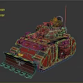 Red Battle Tank With Heavy Armor Tracks Turret Front Plow And Mechanical Details