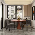 Modern Restaurant Interior With Dark Cabinet Round Tray Window Tree View And Round Table