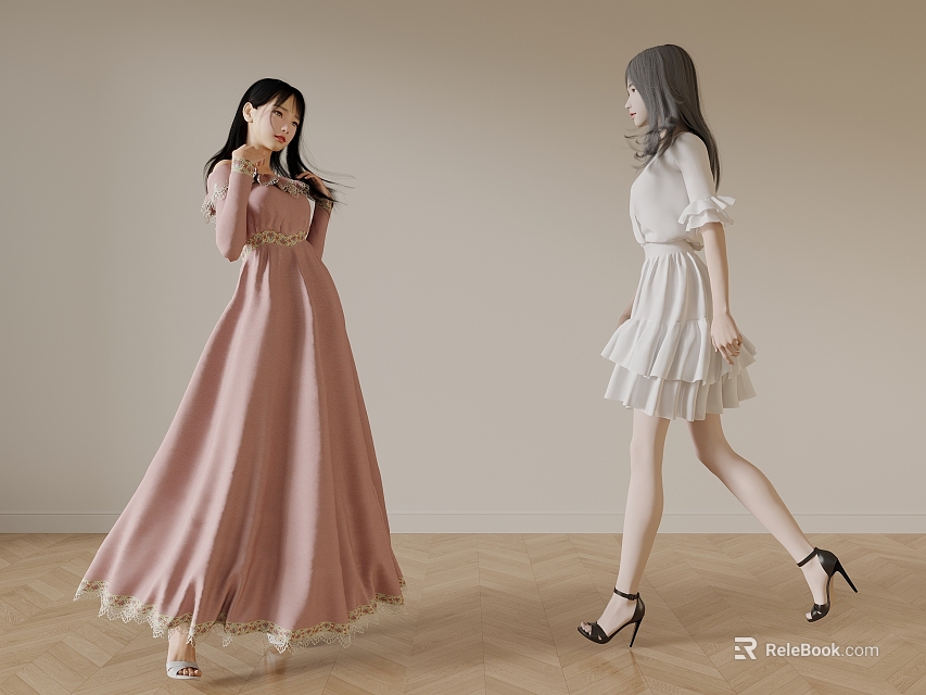 Women Wearing Pink Long Dress And White Ruffled Dress With High Heels On Wooden Floor 3d model 