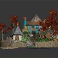 Cartoon Scene With Small Cottages Colorful Trees Small Bridge Stream Slide And Green Plants