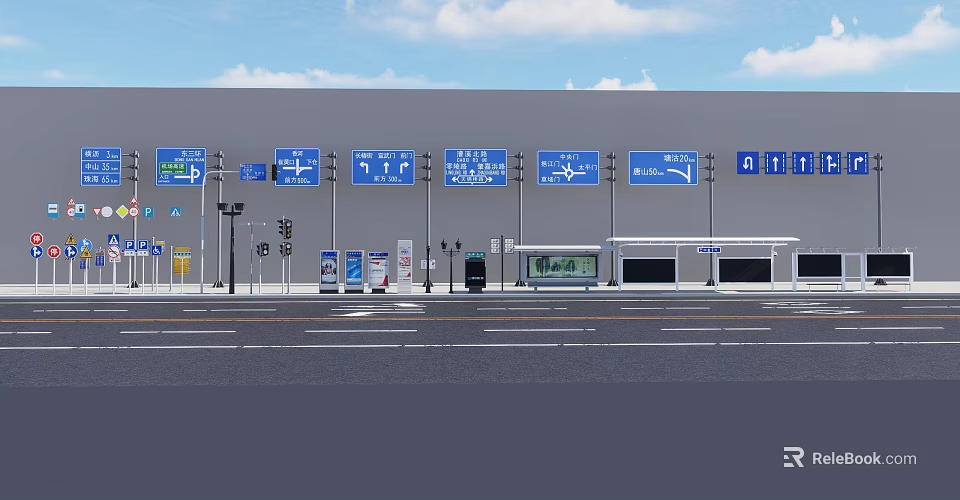 Road Infrastructure With Blue Direction Signs Street Lamps And Airport Traffic Indicators 3d model 