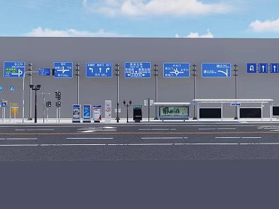 Road Infrastructure With Blue Direction Signs Street Lamps And Airport Traffic Indicators 3d model