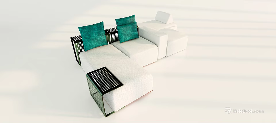 Modern White Sectional Sofa With Green Cushions And Black Grid Armrests 3d model 