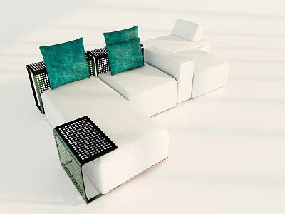Modern White Sectional Sofa With Green Cushions And Black Grid Armrests 3d model