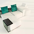 Modern White Sectional Sofa With Green Cushions And Black Grid Armrests