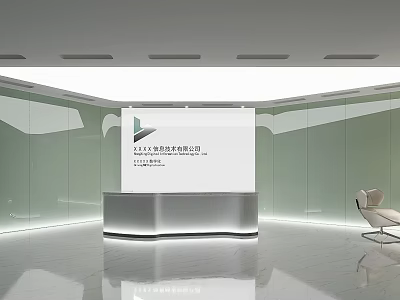 Modern Reception Desk Interior With Glass Backdrop White Counter Company Logo And Armchair 3d model