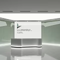 Modern Reception Desk Interior With Glass Backdrop White Counter Company Logo And Armchair
