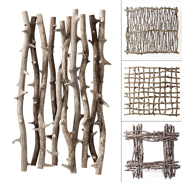 Natural Wooden Branch Fence With Handwoven Patterns And Rustic Design Elements 3d model