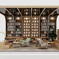 Library Reading Area Bookcase Leisure Sofa Chair Curtain Bookshelf Plant Bookstore Reading Area Reading Room 3d model