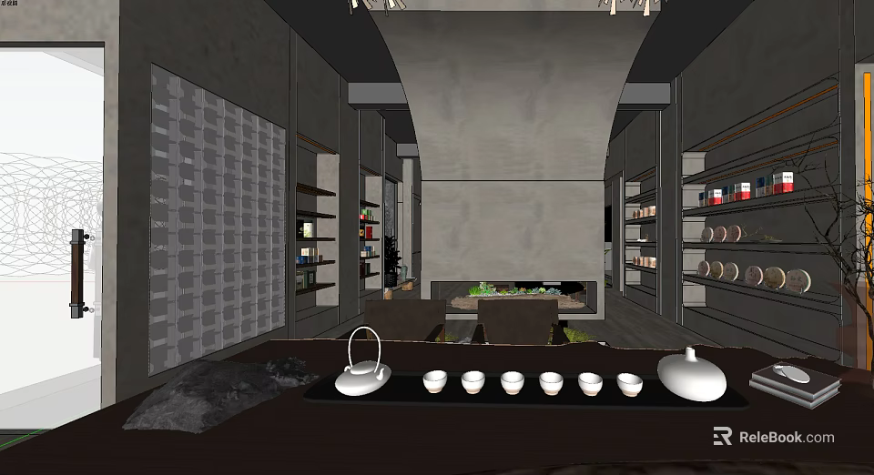 Modern Teaware Specialty Store Interior With Teapot Teacups Tray And Shelf Displays 3d model 