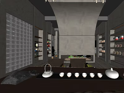 Modern Teaware Specialty Store Interior With Teapot Teacups Tray And Shelf Displays 3d model