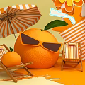 Vibrant Orange Themed Scene with Juice Vending Machine Sunshade Deck Chair and Slices