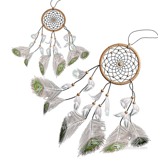 Handmade Dreamcatcher Hanging Decoration With Peacock And White Feathers And Beads 3d model 