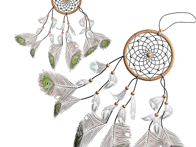 Handmade Dreamcatcher Hanging Decoration With Peacock And White Feathers And Beads 3d model
