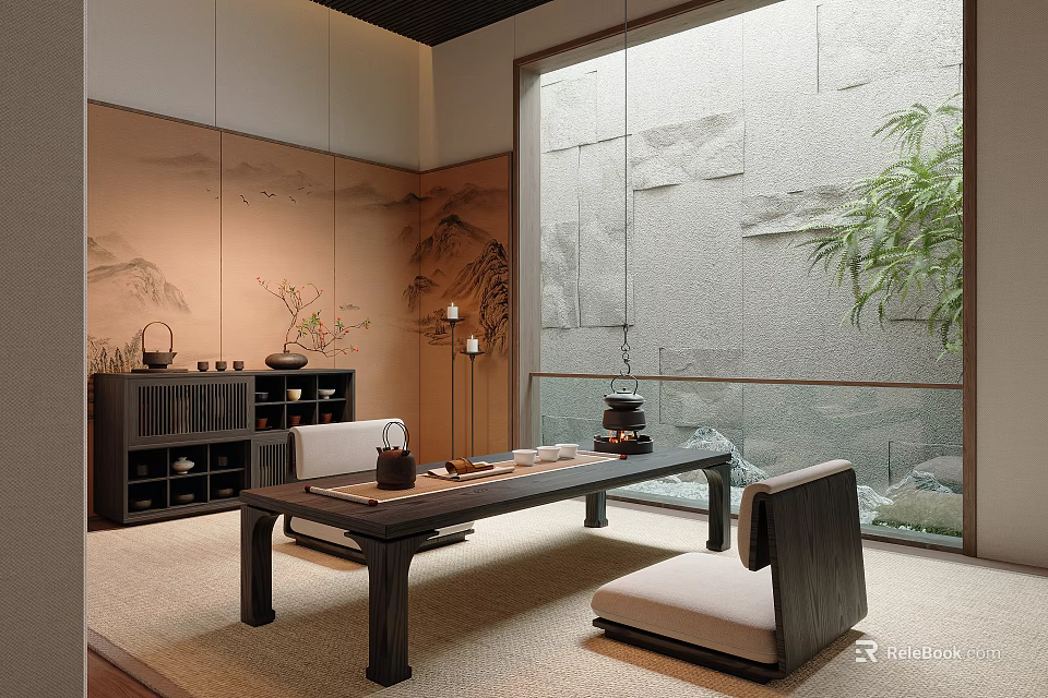 Traditional Asian Tea Room Interior With Low Table Seats Tea Sets And Scenic Views 3d model 