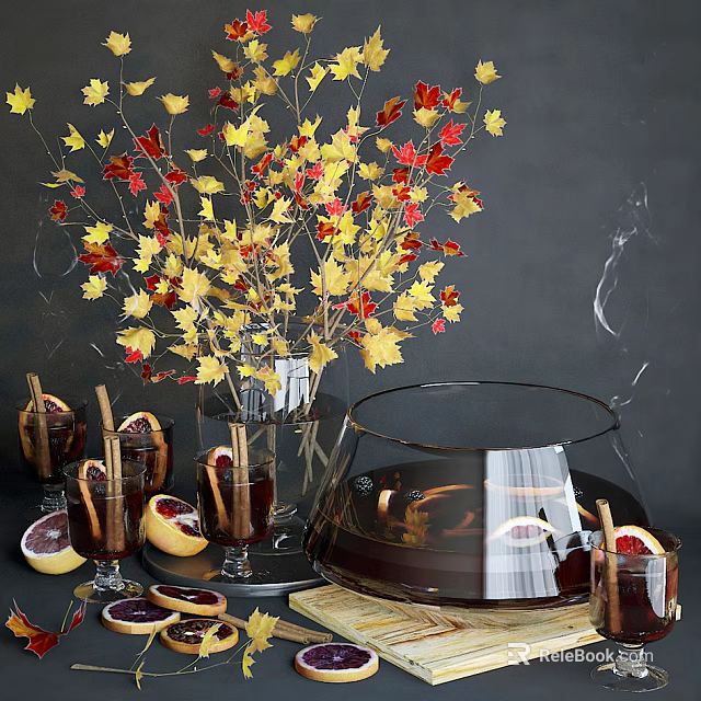 Transparent Glass Cups With Cinnamon Sticks Orange Slices And Autumn Maple Leaves On Dark Background 3d model 