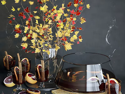 Transparent Glass Cups With Cinnamon Sticks Orange Slices And Autumn Maple Leaves On Dark Background 3d model