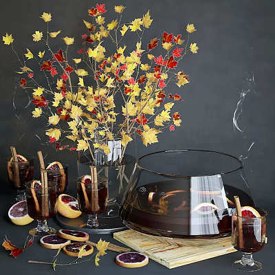 Transparent Glass Cups With Cinnamon Sticks Orange Slices And Autumn Maple Leaves On Dark Background 3d model