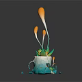 Broken White And Blue Cup With Yellow Plants Slender Stems And Fragments
