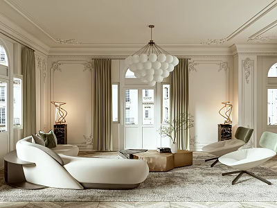 Elegant Modern Living Room Interior With White Sofa Chandelier And Area Rug 3d model