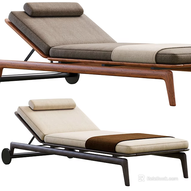 Modern Outdoor Lounge Chair with Wooden Frame Comfortable Beige Cushion and Adjustable Backrest Wheels 3d model 