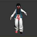 3D Stylized Anime Character With Black Hair Red Mask Blue White Coat And Red Shoes