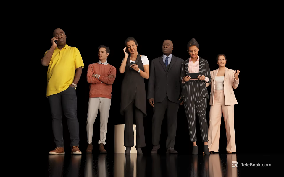 Group of Multiethnic People in Different Outfits Standing and Using Devices Against Black Background 3d model 