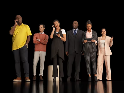 Group of Multiethnic People in Different Outfits Standing and Using Devices Against Black Background 3d model