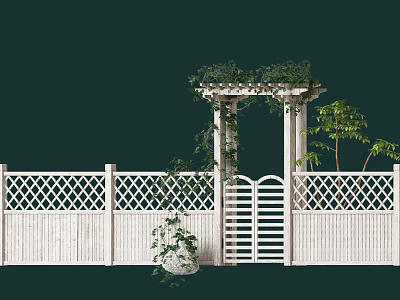 Garden Pergola With White Lattice Fence Climbing Plants And Small Tree 3d model